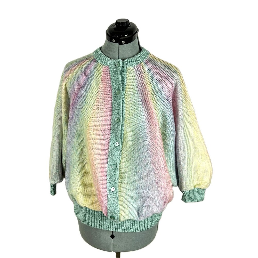 Vintage 80's Dolman Pastel Rainbow Cardigan Sweater L